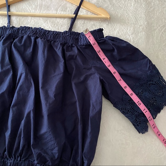 Dark Blue Cold Shoulder Cropped Waist Lace Trim Sleeve Top - Picture 4 of 10